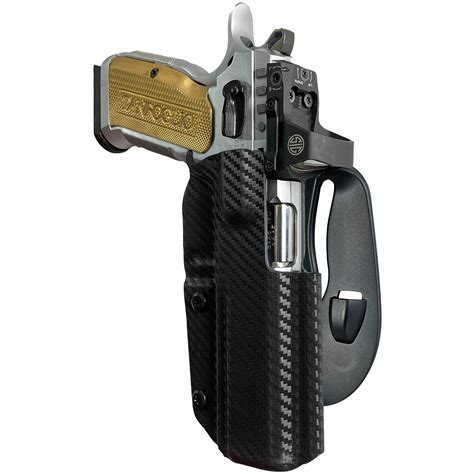 The holster is compatible with virtually any red-dot sight on the market and the open-muzzle design allows threaded barrels to pass. . Tanfoglio competition holster